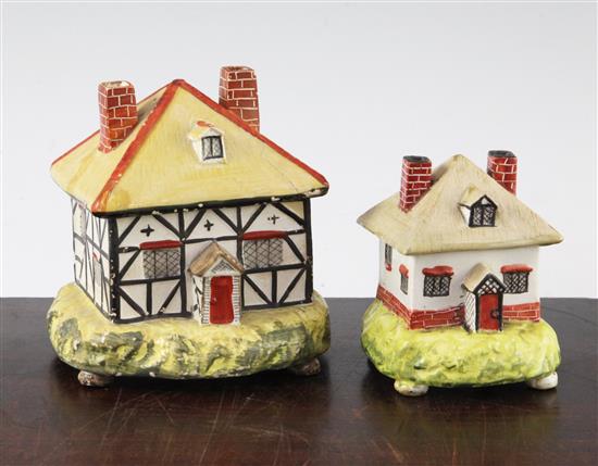 Two Staffordshire pearlware cottage pastille burners and covers, c.1820, height 8.5 - 11.5cm, largest with repairs